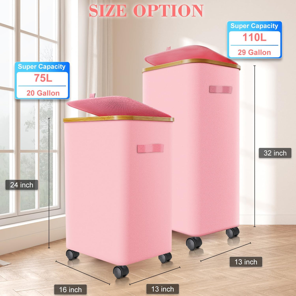 Laundry Hamper with Wheels, 75L Rolling Laundry Basket with Lid