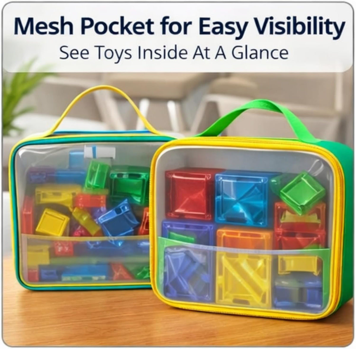 4-Pack Large Capacity Toy Storage Bags with Mesh & Label Pockets, Durable Portable Organizer Bins for Magnetic Tiles, Puzzles, Board Games, Kids Toy Organization for Home Classroom Travel