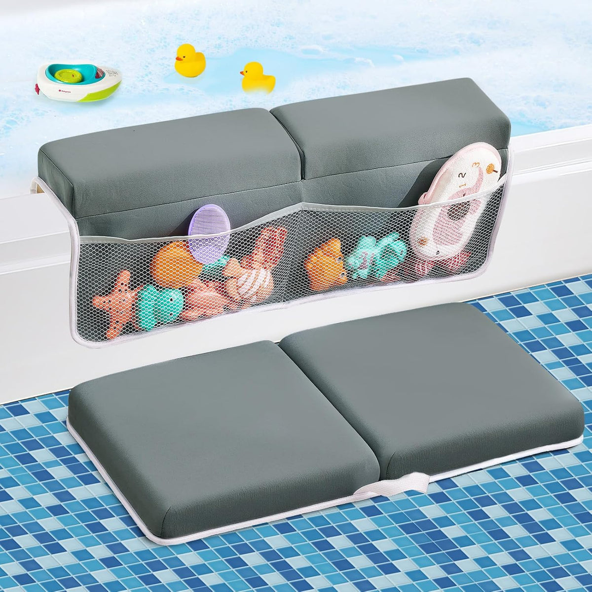 Bath Kneeler and Elbow Rest Pad Set, Thick Soft Quick Dry Bathtub Mat for Baby Bathing Time, Memory Foam With Toys Organizer, Gifts for Parents, Grey
