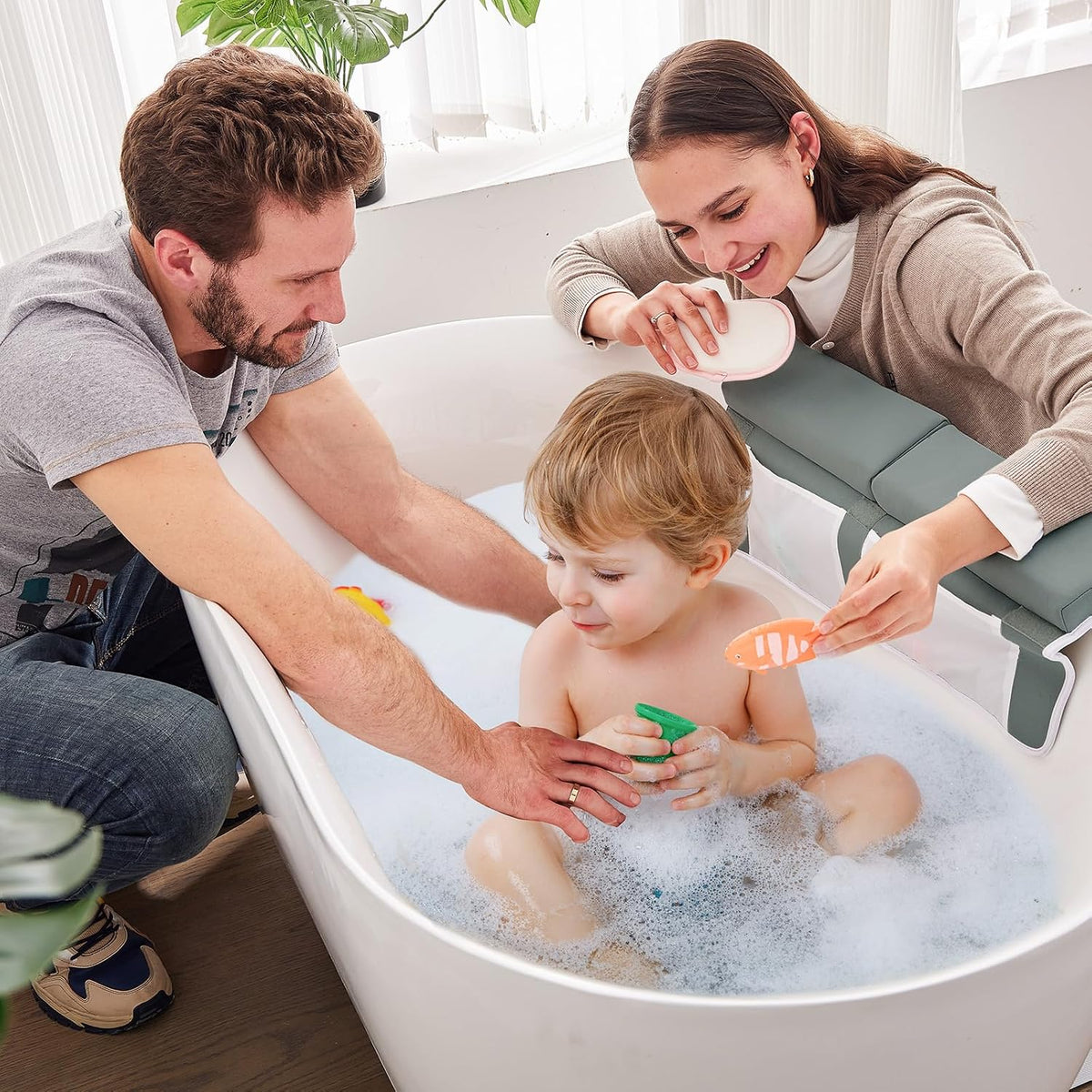 Bath Kneeler and Elbow Rest Pad Set, Thick Soft Quick Dry Bathtub Mat for Baby Bathing Time, Memory Foam With Toys Organizer, Gifts for Parents, Grey