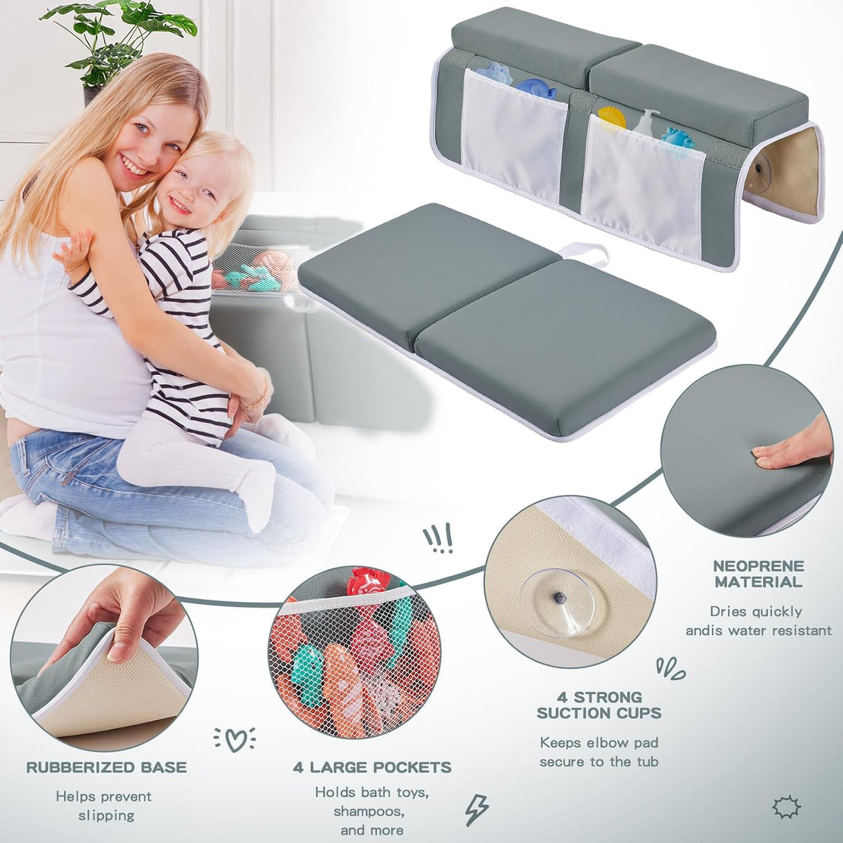 Bath Kneeler and Elbow Rest Pad Set, Thick Soft Quick Dry Bathtub Mat for Baby Bathing Time, Memory Foam With Toys Organizer, Gifts for Parents, Grey