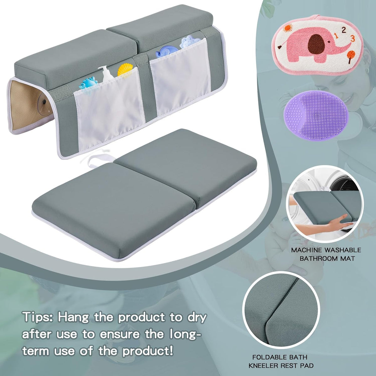 Bath Kneeler and Elbow Rest Pad Set, Thick Soft Quick Dry Bathtub Mat for Baby Bathing Time, Memory Foam With Toys Organizer, Gifts for Parents, Grey
