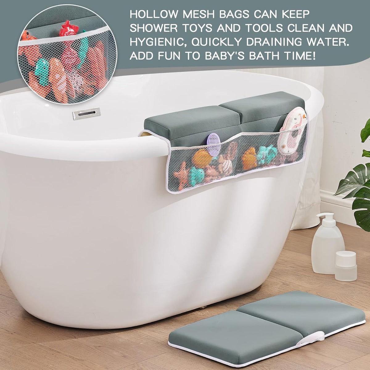 Bath Kneeler and Elbow Rest Pad Set, Thick Soft Quick Dry Bathtub Mat for Baby Bathing Time, Memory Foam With Toys Organizer, Gifts for Parents, Grey