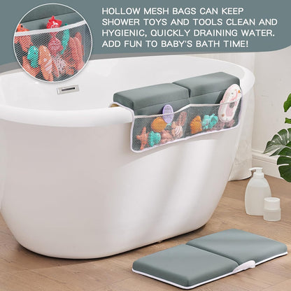 Bath Kneeler and Elbow Rest Pad Set, Thick Soft Quick Dry Bathtub Mat for Baby Bathing Time, Memory Foam With Toys Organizer, Gifts for Parents, Grey