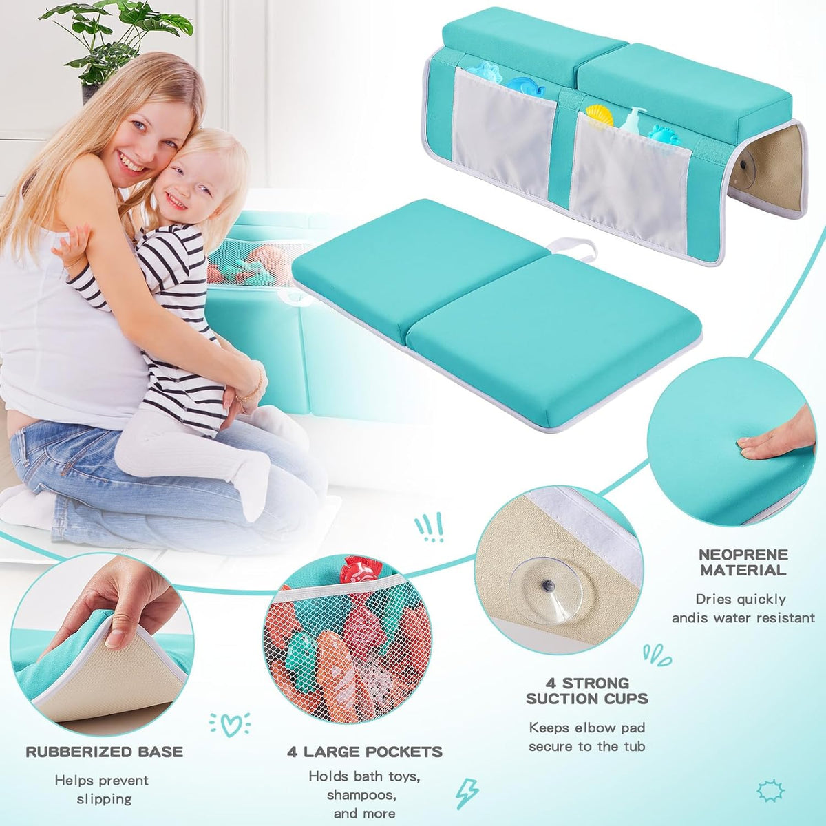 Bath Kneeler and Elbow Rest Pad Set, Thick Soft Quick Dry Bathtub Mat for Baby Bathing Time, Memory Foam With Toys Organizer, Gifts for Parents, Grey