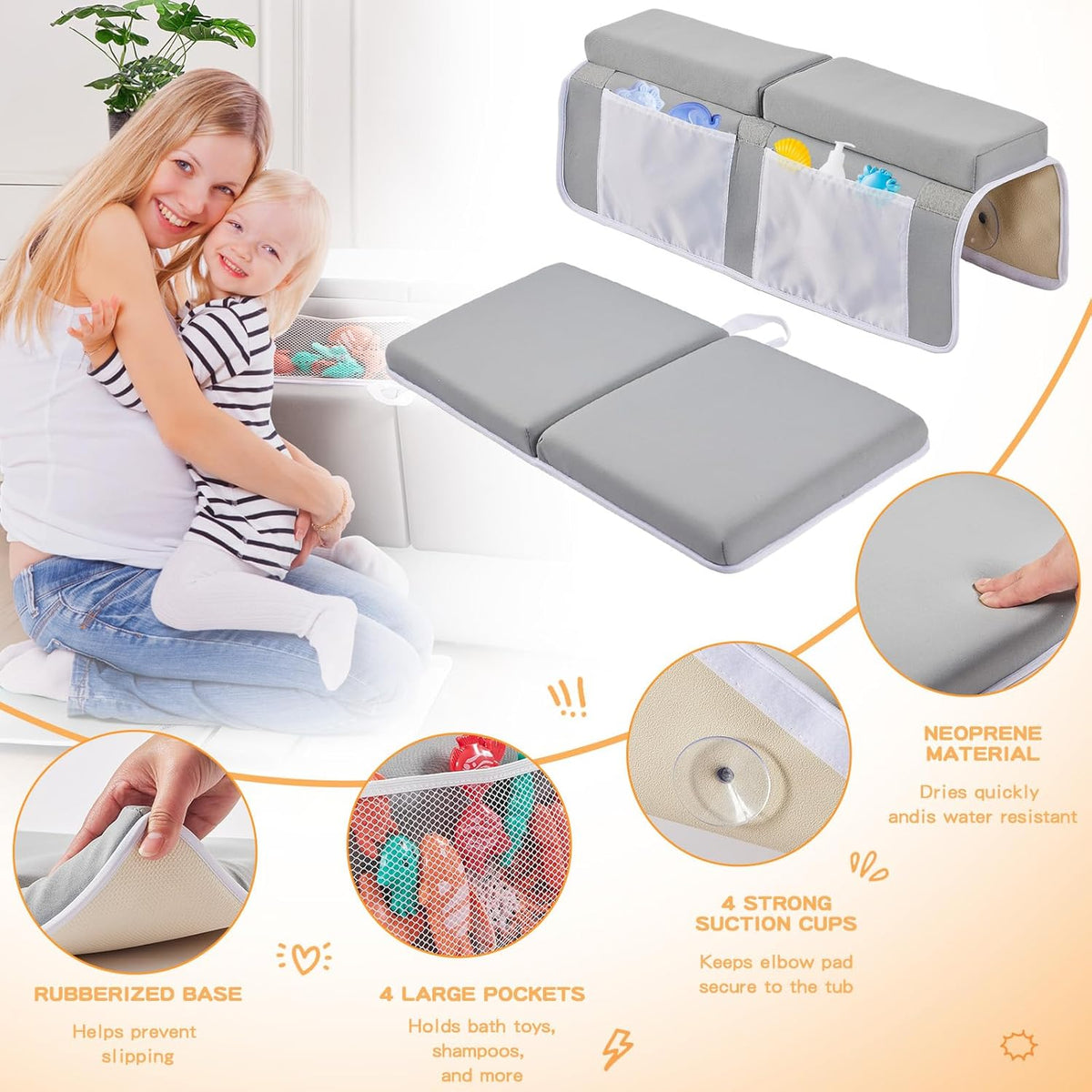 Bath Kneeler and Elbow Rest Pad Set, Thick Soft Quick Dry Bathtub Mat for Baby Bathing Time, Memory Foam With Toys Organizer, Gifts for Parents, Grey