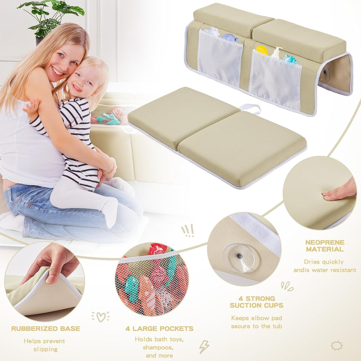 Bath Kneeler and Elbow Rest Pad Set, Thick Soft Quick Dry Bathtub Mat for Baby Bathing Time, Memory Foam With Toys Organizer, Gifts for Parents, Grey