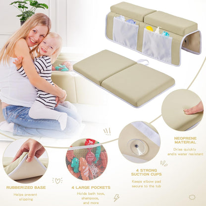 Bath Kneeler and Elbow Rest Pad Set, Thick Soft Quick Dry Bathtub Mat for Baby Bathing Time, Memory Foam With Toys Organizer, Gifts for Parents, Grey