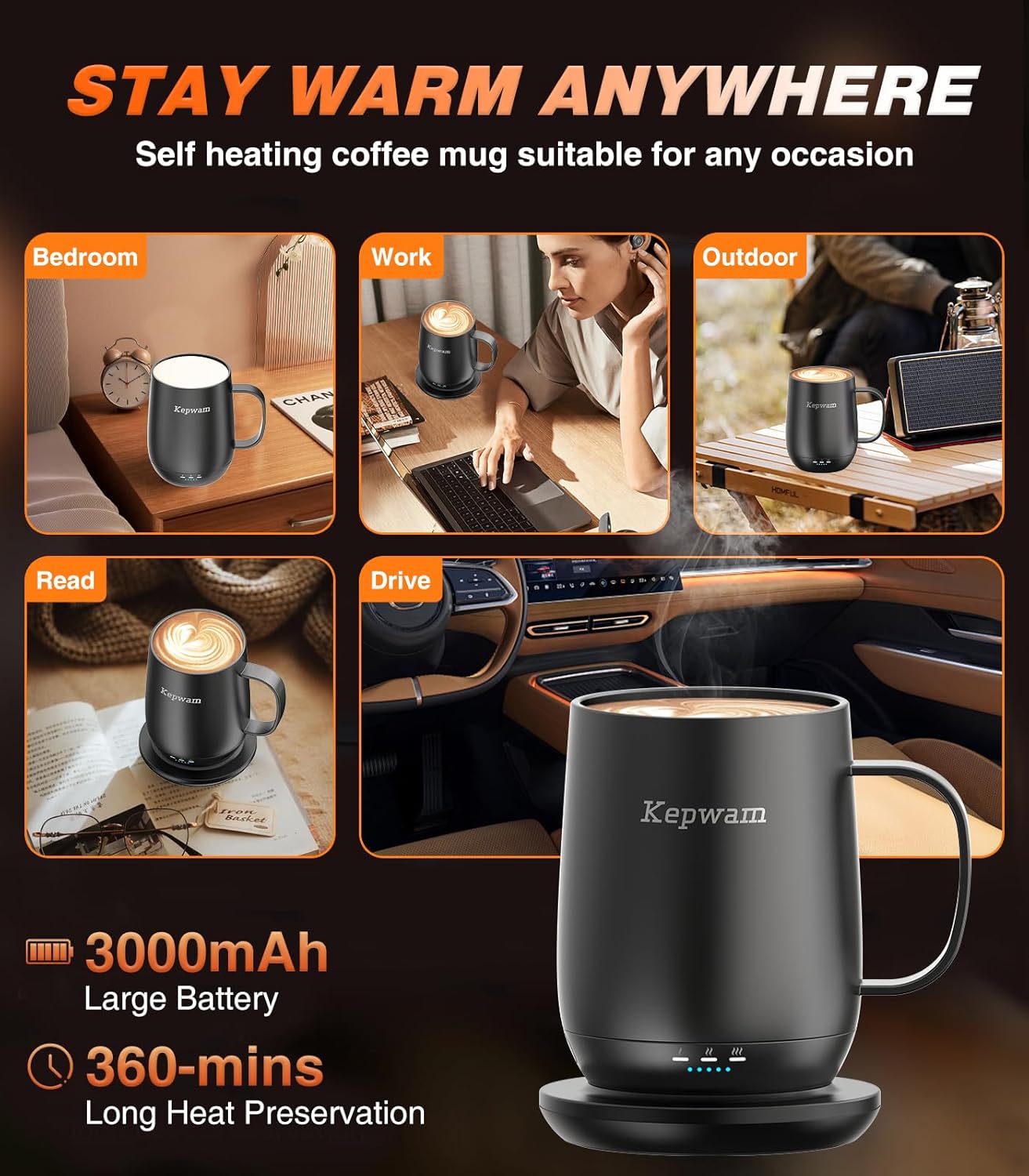 Self-Heating Coffee Mug T2, 16oz Electric Heated Mug Hot Up to 149℉ | No App, 3 Temp Settings to Keep Coffee Warm, Long-Lasting Battery for Office & Home,Auto Shut-Off, Ideal Gift for Men & Women