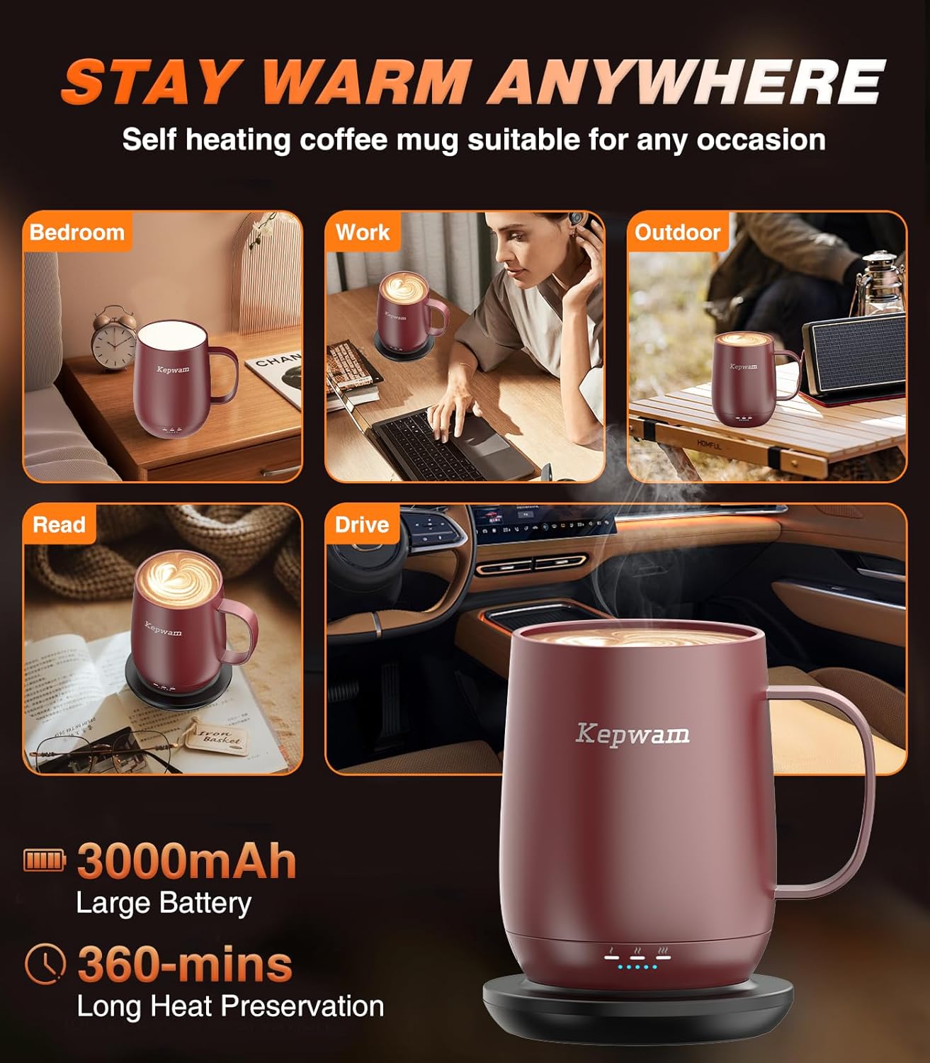 Self-Heating Coffee Mug T2, 16oz Electric Heated Mug Hot Up to 149℉ | No App, 3 Temp Settings to Keep Coffee Warm, Long-Lasting Battery for Office & Home,Auto Shut-Off, Ideal Gift for Men & Women