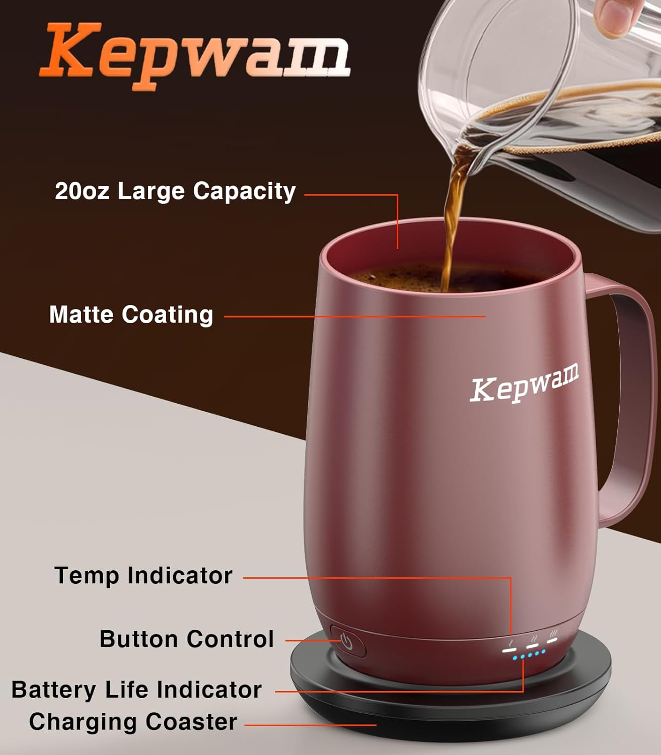 Self-Heating Coffee Mug T2, 16oz Electric Heated Mug Hot Up to 149℉ | No App, 3 Temp Settings to Keep Coffee Warm, Long-Lasting Battery for Office & Home,Auto Shut-Off, Ideal Gift for Men & Women