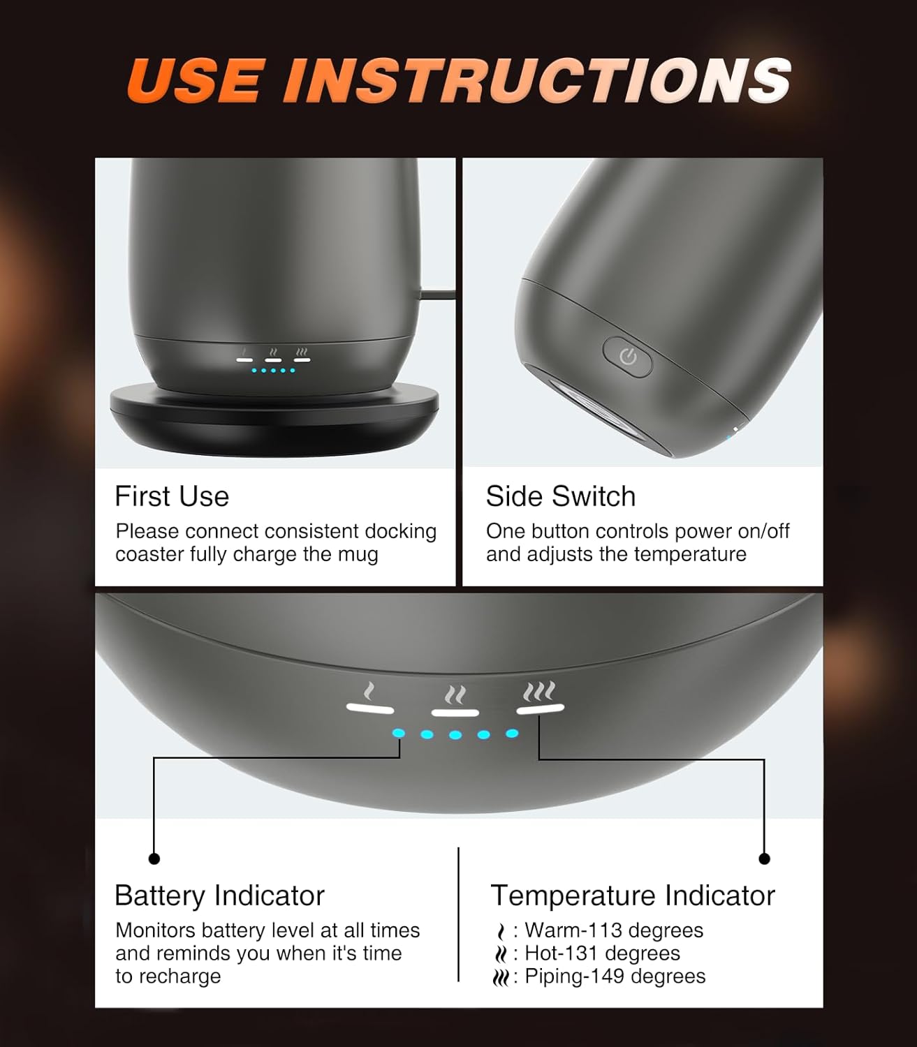 Self-Heating Coffee Mug T2, 16oz Electric Heated Mug Hot Up to 149℉ | No App, 3 Temp Settings to Keep Coffee Warm, Long-Lasting Battery for Office & Home,Auto Shut-Off, Ideal Gift for Men & Women