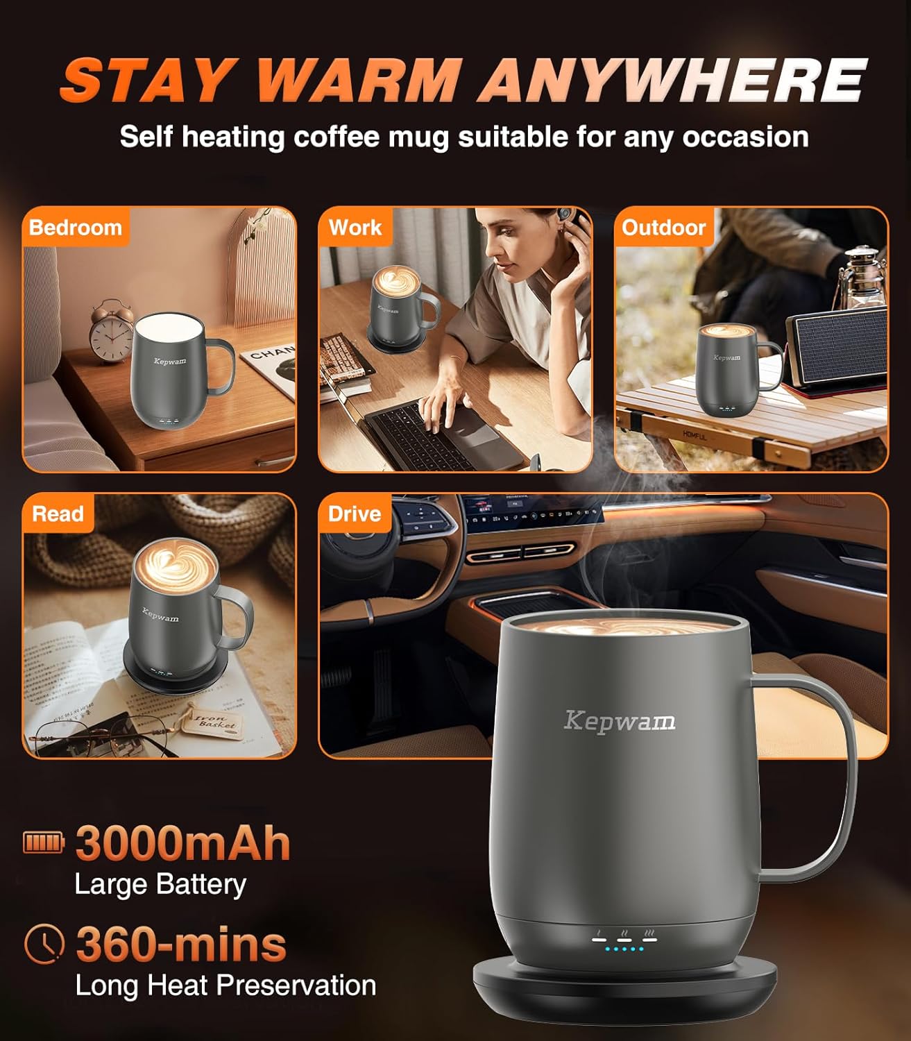 Self-Heating Coffee Mug T2, 16oz Electric Heated Mug Hot Up to 149℉ | No App, 3 Temp Settings to Keep Coffee Warm, Long-Lasting Battery for Office & Home,Auto Shut-Off, Ideal Gift for Men & Women