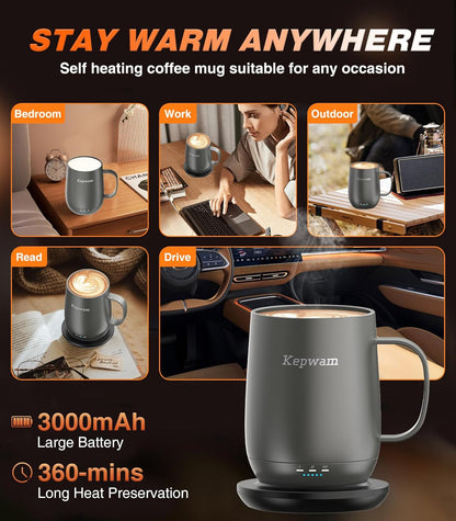 Self-Heating Coffee Mug T2, 16oz Electric Heated Mug Hot Up to 149℉ | No App, 3 Temp Settings to Keep Coffee Warm, Long-Lasting Battery for Office & Home,Auto Shut-Off, Ideal Gift for Men & Women