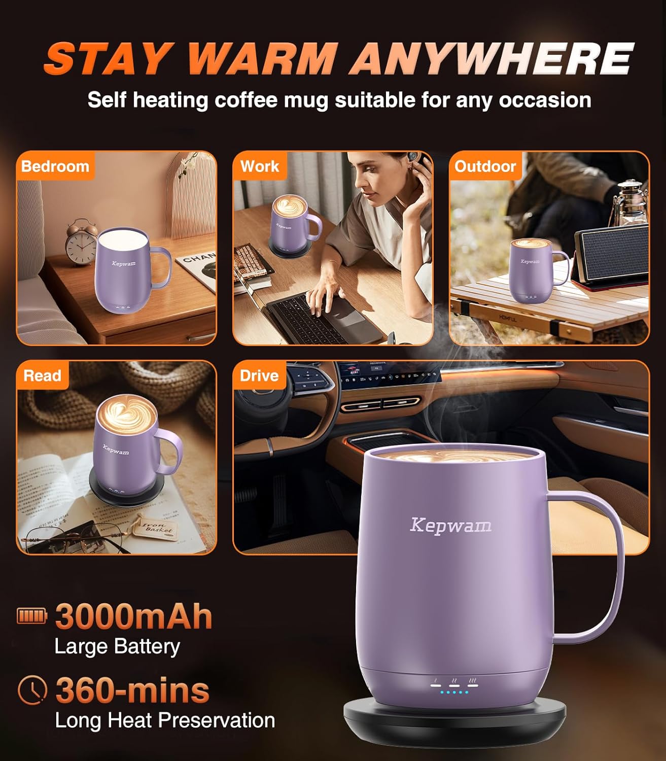 Self-Heating Coffee Mug T2, 16oz Electric Heated Mug Hot Up to 149℉ | No App, 3 Temp Settings to Keep Coffee Warm, Long-Lasting Battery for Office & Home,Auto Shut-Off, Ideal Gift for Men & Women