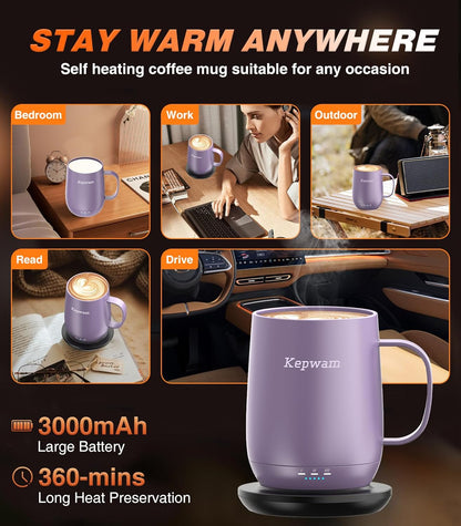 Self-Heating Coffee Mug T2, 16oz Electric Heated Mug Hot Up to 149℉ | No App, 3 Temp Settings to Keep Coffee Warm, Long-Lasting Battery for Office & Home,Auto Shut-Off, Ideal Gift for Men & Women