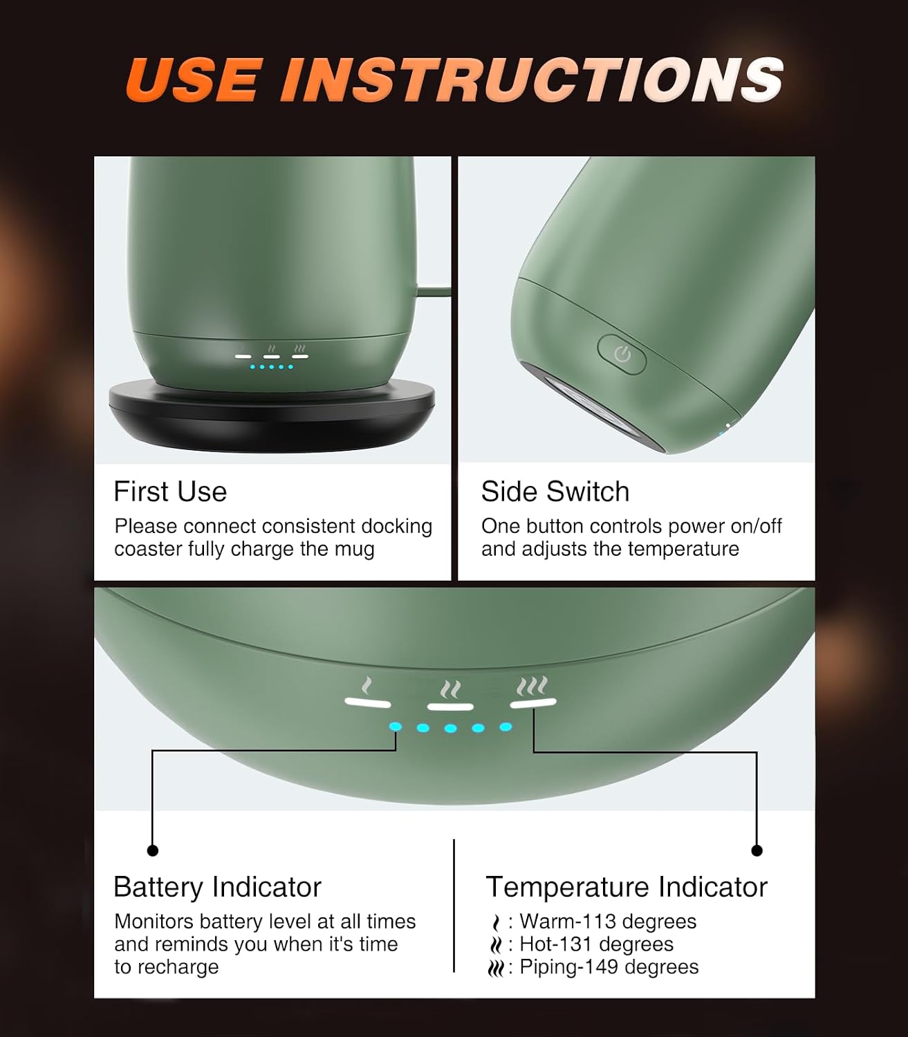 Self-Heating Coffee Mug T2, 16oz Electric Heated Mug Hot Up to 149℉ | No App, 3 Temp Settings to Keep Coffee Warm, Long-Lasting Battery for Office & Home,Auto Shut-Off, Ideal Gift for Men & Women