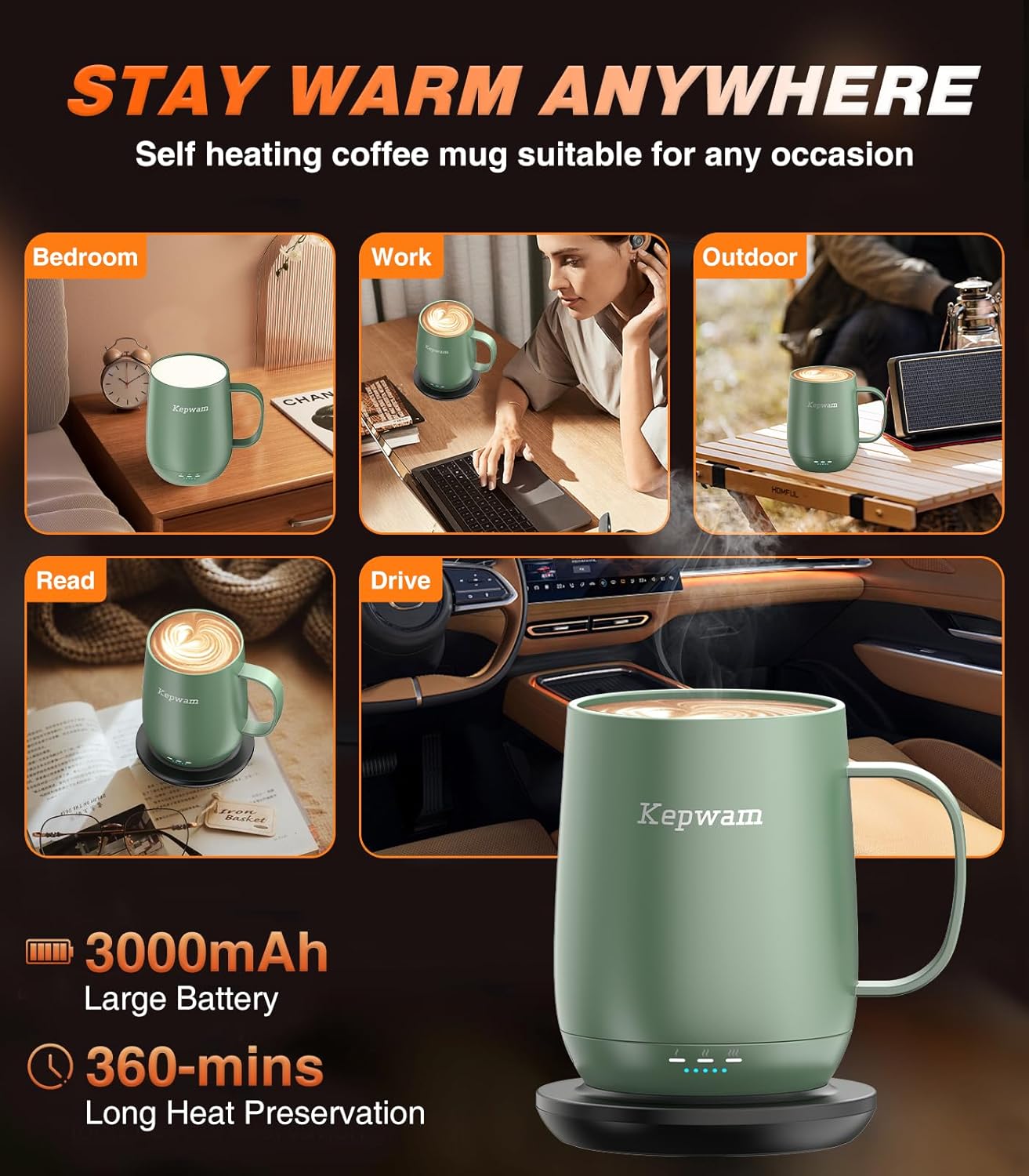 Self-Heating Coffee Mug T2, 16oz Electric Heated Mug Hot Up to 149℉ | No App, 3 Temp Settings to Keep Coffee Warm, Long-Lasting Battery for Office & Home,Auto Shut-Off, Ideal Gift for Men & Women
