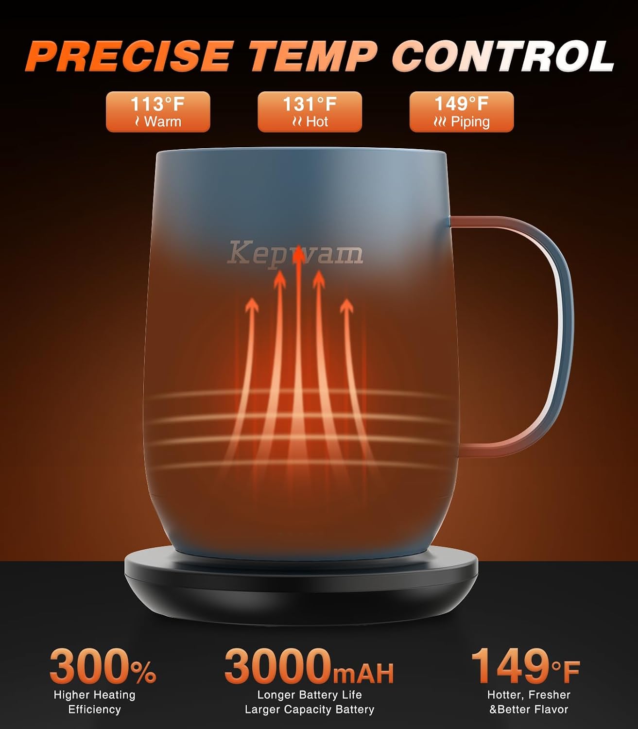 Self-Heating Coffee Mug T2, 16oz Electric Heated Mug Hot Up to 149℉ | No App, 3 Temp Settings to Keep Coffee Warm, Long-Lasting Battery for Office & Home,Auto Shut-Off, Ideal Gift for Men & Women