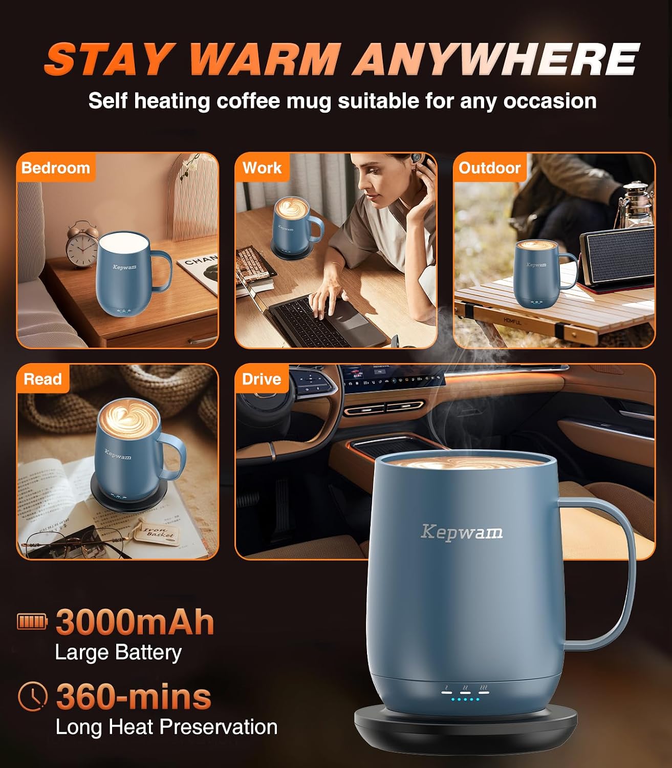Self-Heating Coffee Mug T2, 16oz Electric Heated Mug Hot Up to 149℉ | No App, 3 Temp Settings to Keep Coffee Warm, Long-Lasting Battery for Office & Home,Auto Shut-Off, Ideal Gift for Men & Women