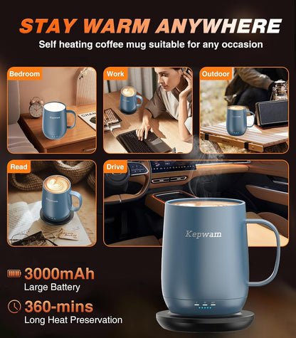 Self-Heating Coffee Mug T2, 16oz Electric Heated Mug Hot Up to 149℉ | No App, 3 Temp Settings to Keep Coffee Warm, Long-Lasting Battery for Office & Home,Auto Shut-Off, Ideal Gift for Men & Women