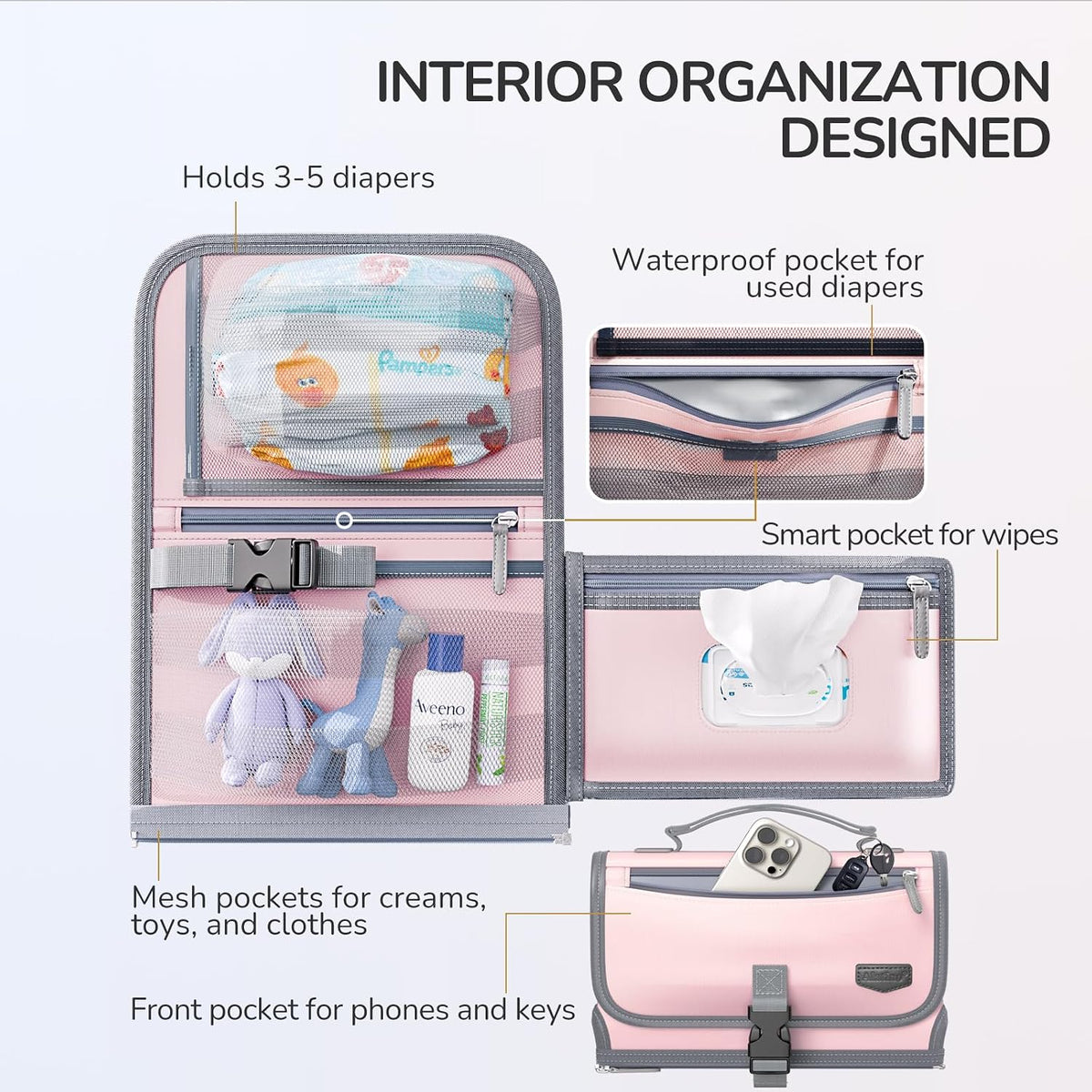Portable Diaper Changing Pad, Waterproof Travel Baby Changing Pad with Modern Chic Design, Lightweight Easy-Clean Changing Mat, Baby Registry Essential & Baby Gift (Pink)