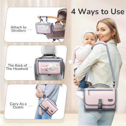 Portable Diaper Changing Pad, Waterproof Travel Baby Changing Pad with Modern Chic Design, Lightweight Easy-Clean Changing Mat, Baby Registry Essential & Baby Gift (Pink)
