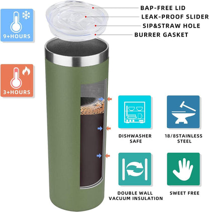 20 oz Skinny Tumbler, Stainless Steel Insulated Slim Tumbler with Lid, Reusable Double Wall Travel Coffee Mug, Durable Powder Coated Travel Water Cup(Black, 1)