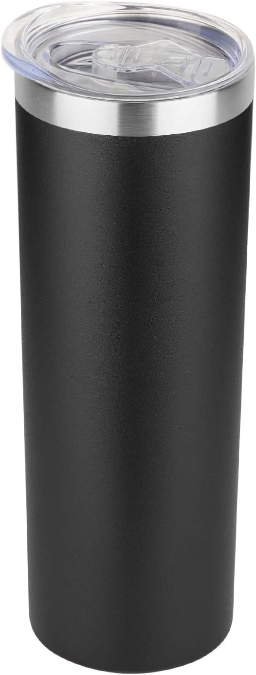 20 oz Skinny Tumbler, Stainless Steel Insulated Slim Tumbler with Lid, Reusable Double Wall Travel Coffee Mug, Durable Powder Coated Travel Water Cup(Black, 1)