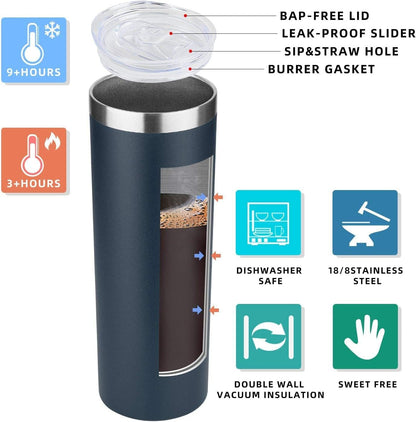 20 oz Skinny Tumbler, Stainless Steel Insulated Slim Tumbler with Lid, Reusable Double Wall Travel Coffee Mug, Durable Powder Coated Travel Water Cup(Black, 1)
