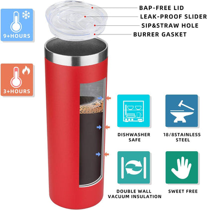 20 oz Skinny Tumbler, Stainless Steel Insulated Slim Tumbler with Lid, Reusable Double Wall Travel Coffee Mug, Durable Powder Coated Travel Water Cup(Black, 1)