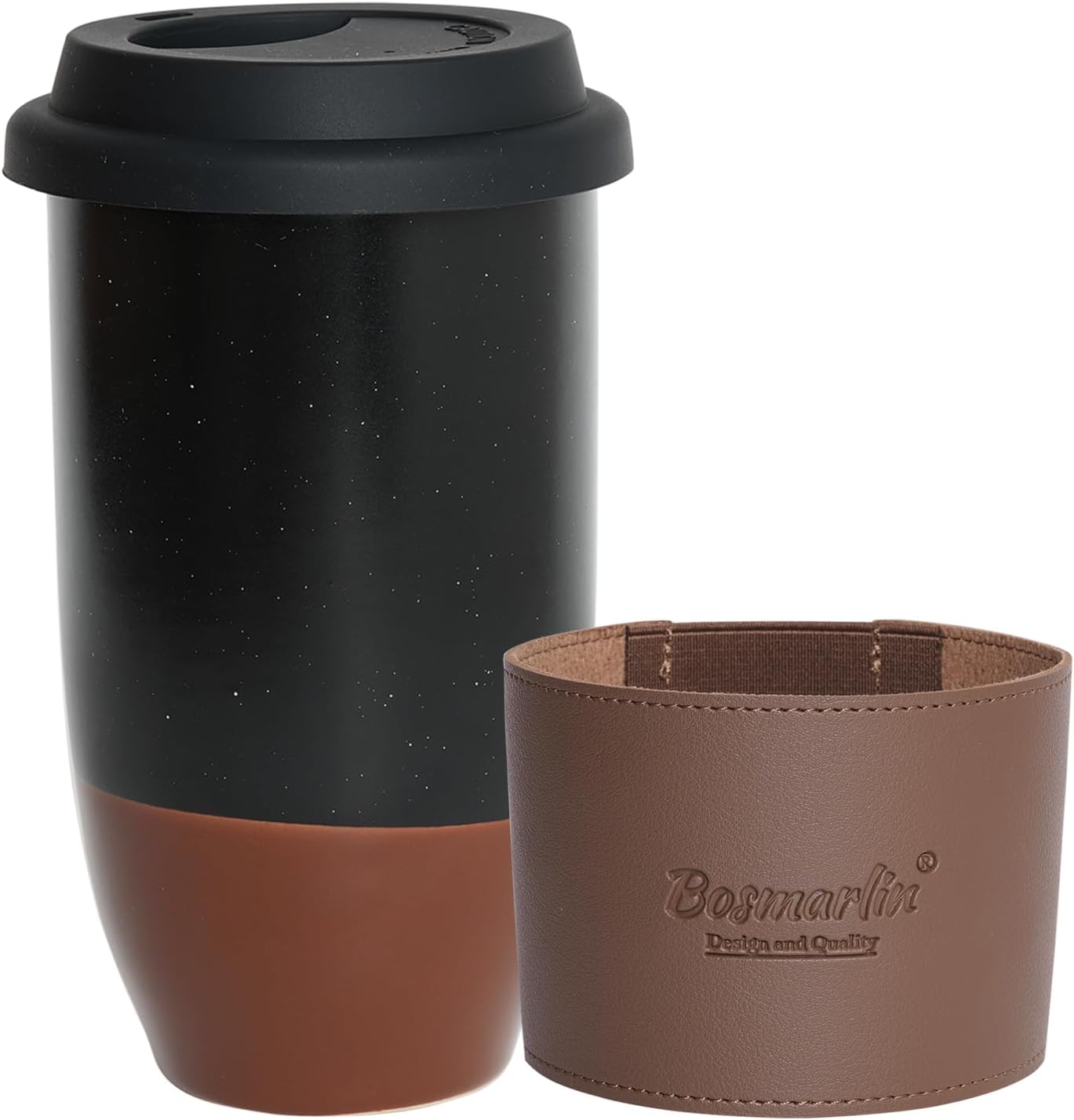 Ceramic Travel Coffee Cup with Lid, 16 Oz, Portable Coffee Mug for Car Cup Holder, Microwave and Dishwasher Safe (Black, 16 Oz)
