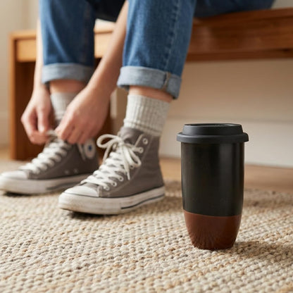 Ceramic Travel Coffee Cup with Lid, 16 Oz, Portable Coffee Mug for Car Cup Holder, Microwave and Dishwasher Safe (Black, 16 Oz)