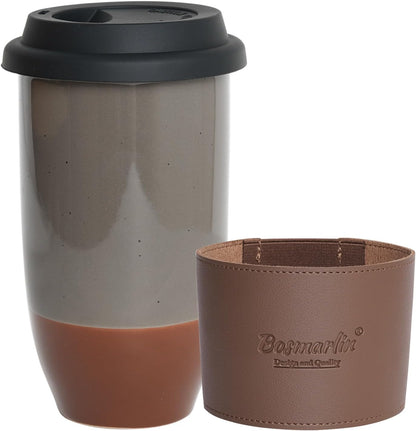 Ceramic Travel Coffee Cup with Lid, 16 Oz, Portable Coffee Mug for Car Cup Holder, Microwave and Dishwasher Safe (Black, 16 Oz)