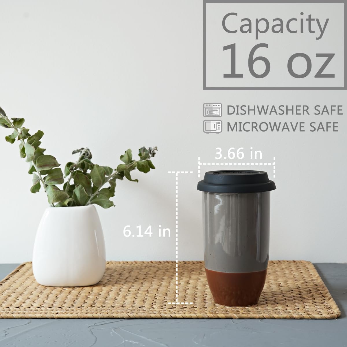 Ceramic Travel Coffee Cup with Lid, 16 Oz, Portable Coffee Mug for Car Cup Holder, Microwave and Dishwasher Safe (Black, 16 Oz)
