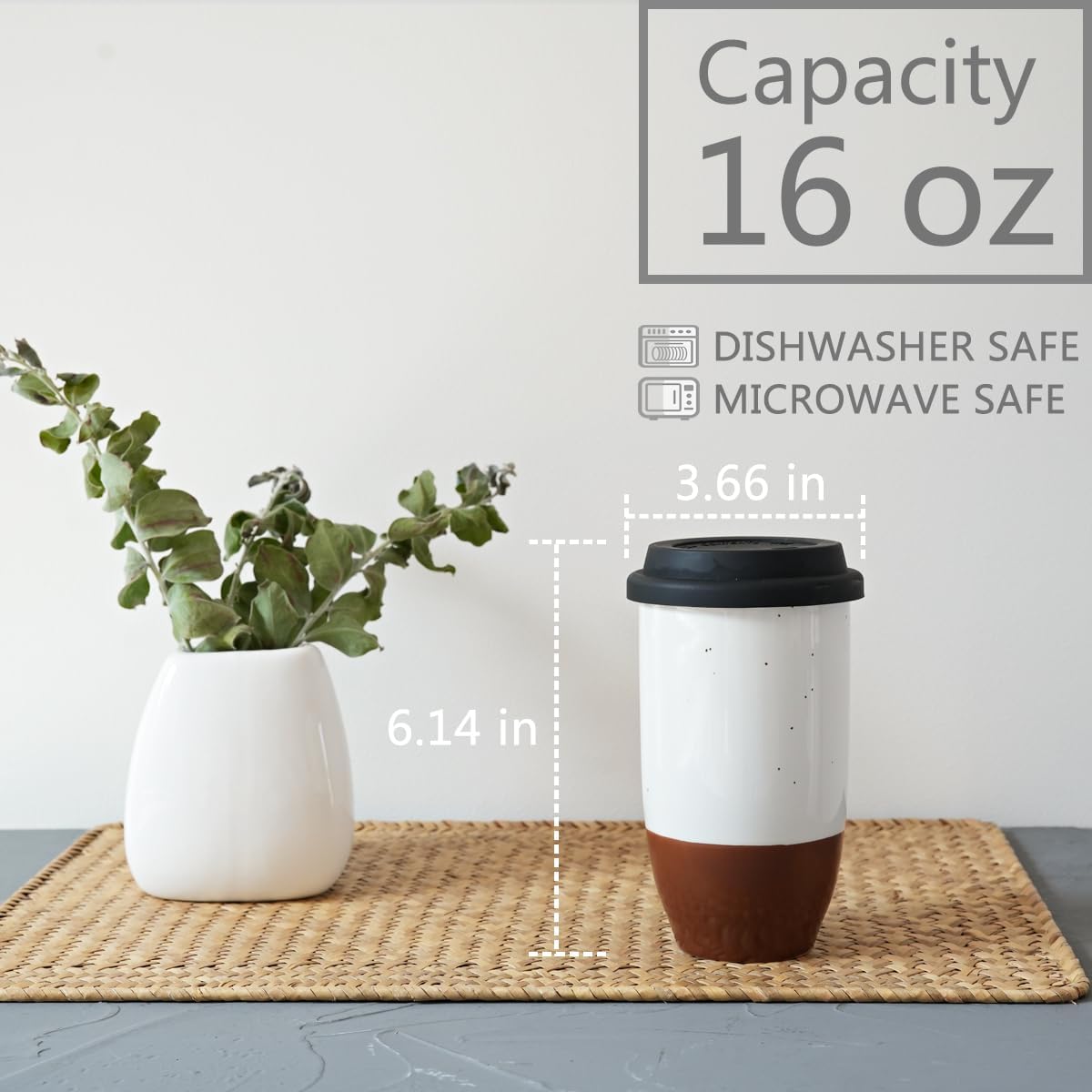 Ceramic Travel Coffee Cup with Lid, 16 Oz, Portable Coffee Mug for Car Cup Holder, Microwave and Dishwasher Safe (Black, 16 Oz)