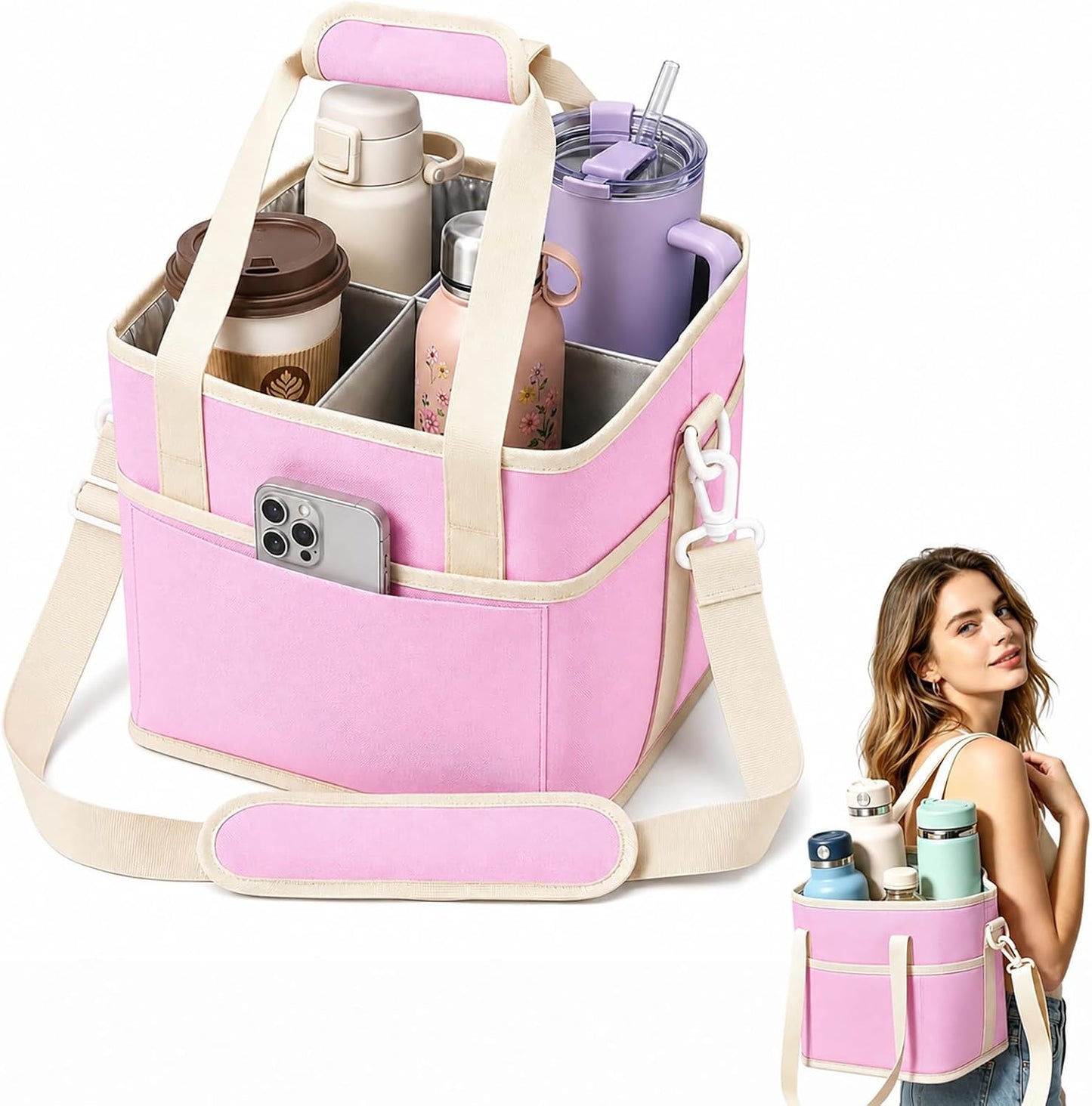 Drink Carrier Bag for 40oz Tumblers with Handle - Insulated Drink Carrier Bag & 4 Compartment Drink Bag, Removable Drink Holder Bag Caddy with Adjustable Shoulder Strap for Car, Delivery, Travel