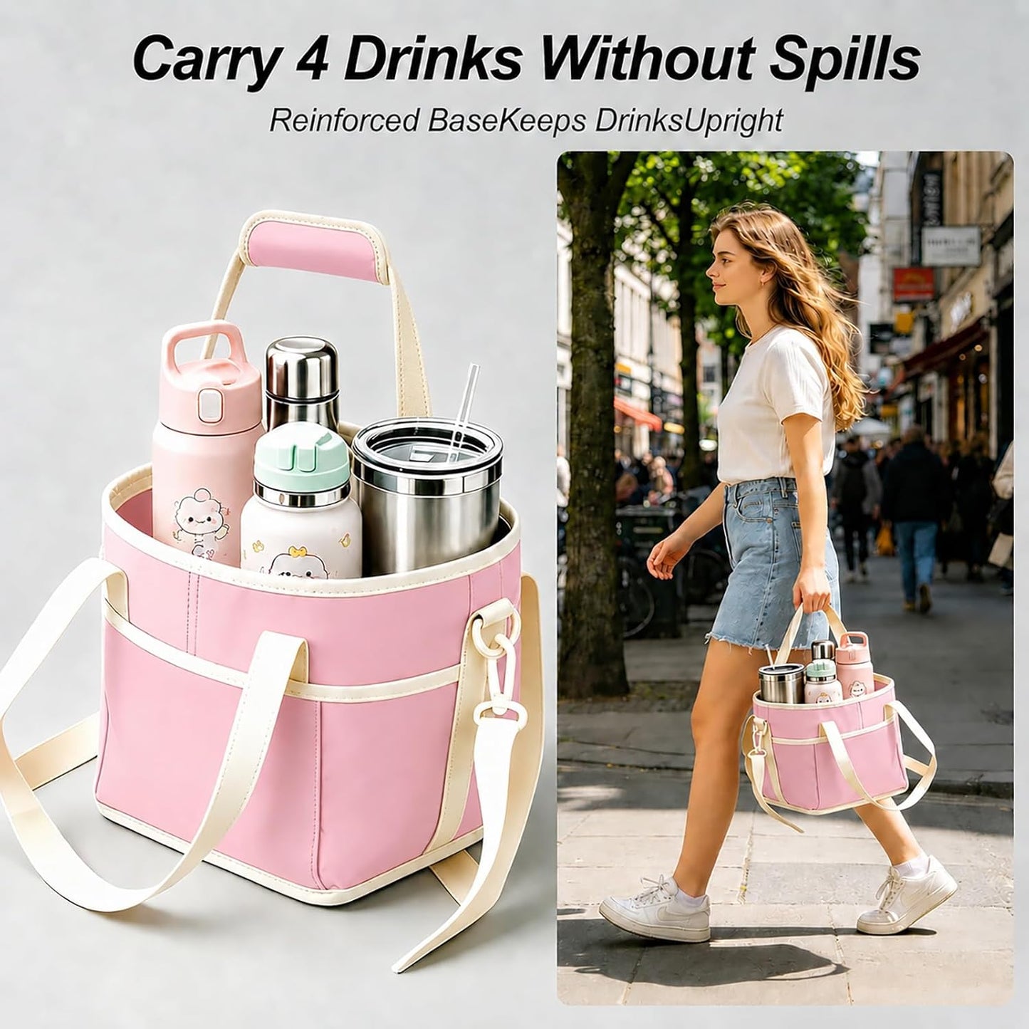 Drink Carrier Bag for 40oz Tumblers with Handle - Insulated Drink Carrier Bag & 4 Compartment Drink Bag, Removable Drink Holder Bag Caddy with Adjustable Shoulder Strap for Car, Delivery, Travel