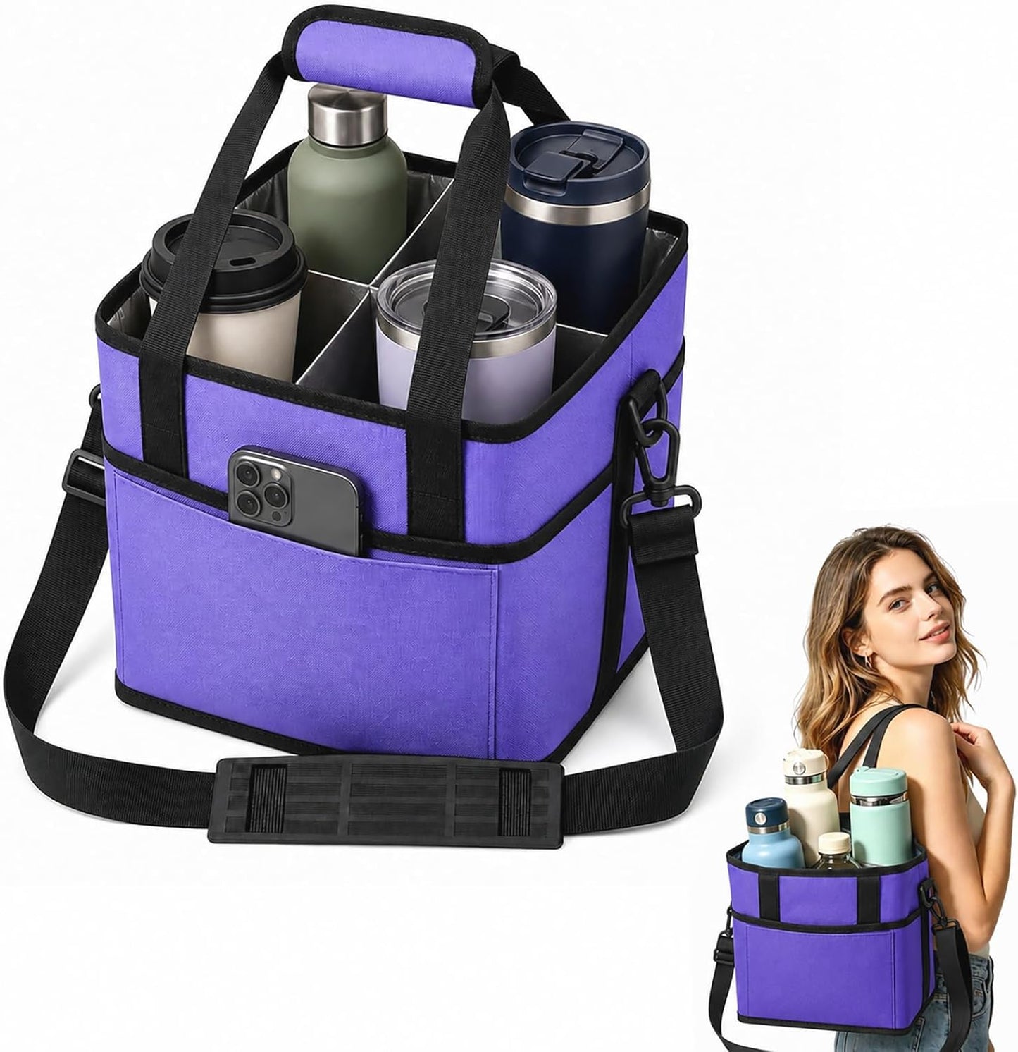 Drink Carrier Bag for 40oz Tumblers with Handle - Insulated Drink Carrier Bag & 4 Compartment Drink Bag, Removable Drink Holder Bag Caddy with Adjustable Shoulder Strap for Car, Delivery, Travel