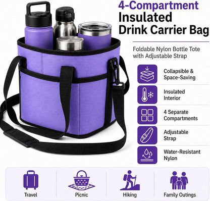 Drink Carrier Bag for 40oz Tumblers with Handle - Insulated Drink Carrier Bag & 4 Compartment Drink Bag, Removable Drink Holder Bag Caddy with Adjustable Shoulder Strap for Car, Delivery, Travel