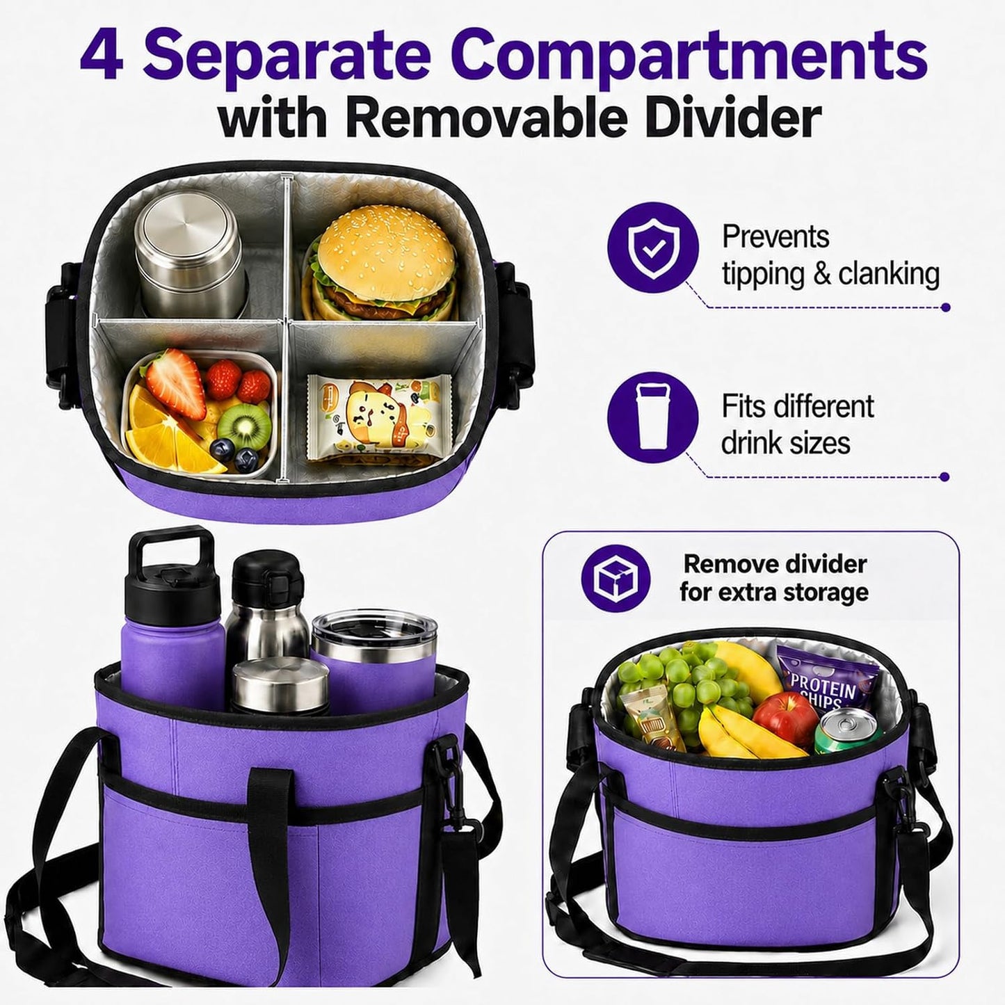 Drink Carrier Bag for 40oz Tumblers with Handle - Insulated Drink Carrier Bag & 4 Compartment Drink Bag, Removable Drink Holder Bag Caddy with Adjustable Shoulder Strap for Car, Delivery, Travel