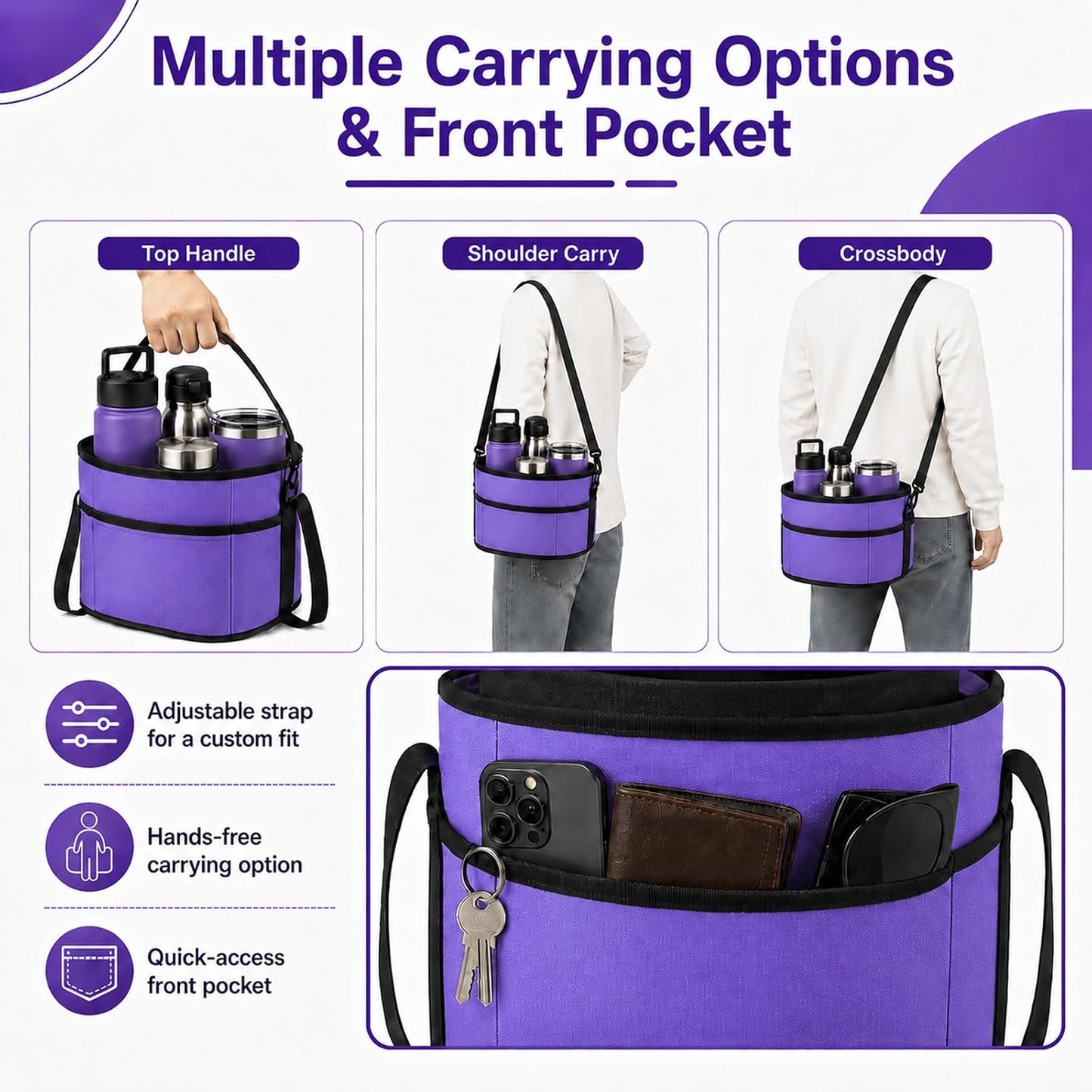 Drink Carrier Bag for 40oz Tumblers with Handle - Insulated Drink Carrier Bag & 4 Compartment Drink Bag, Removable Drink Holder Bag Caddy with Adjustable Shoulder Strap for Car, Delivery, Travel