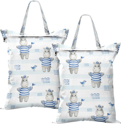 Striped Hippos Waterproof Travel Laundry Bag Washable 2-pk