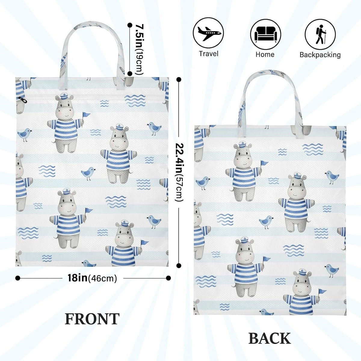 Striped Hippos Waterproof Travel Laundry Bag Washable 2-pk