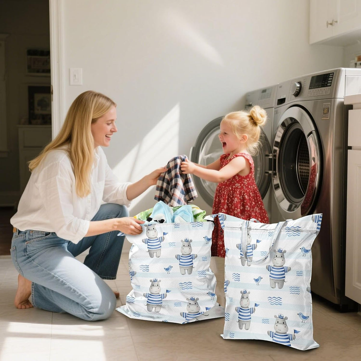 Striped Hippos Waterproof Travel Laundry Bag Washable 2-pk