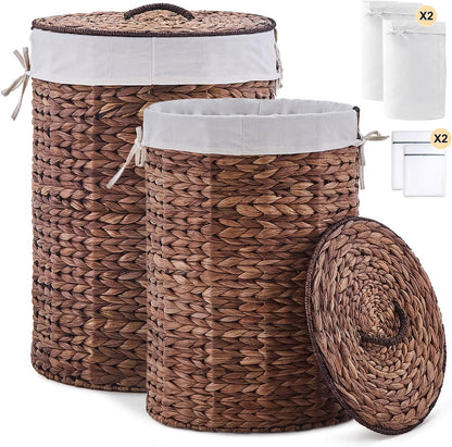 Round Water Hyacinth Laundry Hamper with Lid Handwoven Wicker Basket with Handles for Dirty Clothes, Storage, and Organization Ideal for Bedroom, Bathroom, and Laundry Room, No Assembly Required, 60L