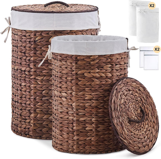 Round Water Hyacinth Laundry Hamper with Lid Handwoven Wicker Basket with Handles for Dirty Clothes, Storage, and Organization Ideal for Bedroom, Bathroom, and Laundry Room, No Assembly Required, 60L