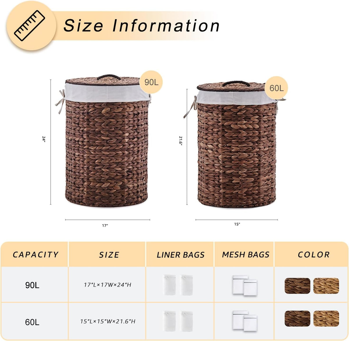 Round Water Hyacinth Laundry Hamper with Lid Handwoven Wicker Basket with Handles for Dirty Clothes, Storage, and Organization Ideal for Bedroom, Bathroom, and Laundry Room, No Assembly Required, 60L