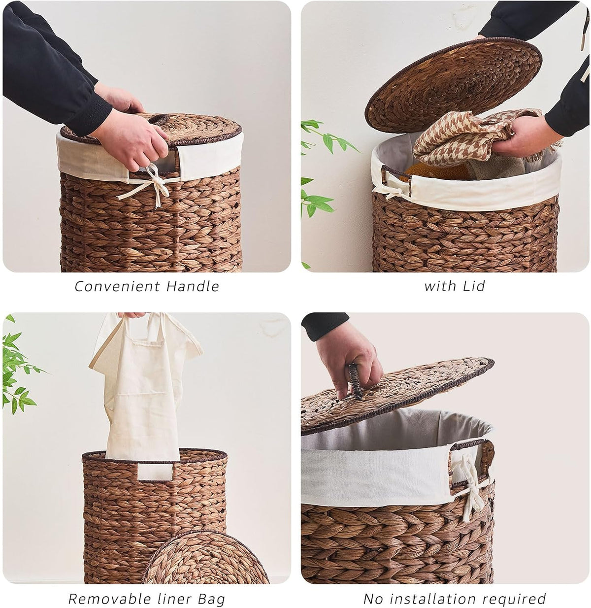 Round Water Hyacinth Laundry Hamper with Lid Handwoven Wicker Basket with Handles for Dirty Clothes, Storage, and Organization Ideal for Bedroom, Bathroom, and Laundry Room, No Assembly Required, 60L