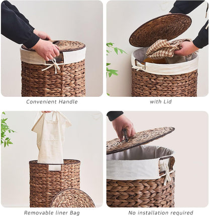 Round Water Hyacinth Laundry Hamper with Lid Handwoven Wicker Basket with Handles for Dirty Clothes, Storage, and Organization Ideal for Bedroom, Bathroom, and Laundry Room, No Assembly Required, 60L